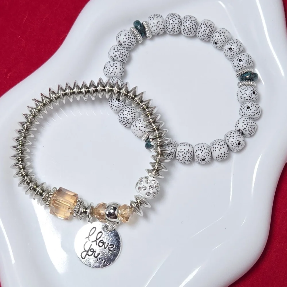 White & Silver Beaded Bracelet Set “I Love You” Charm – 2 Piece Stack Jewelry